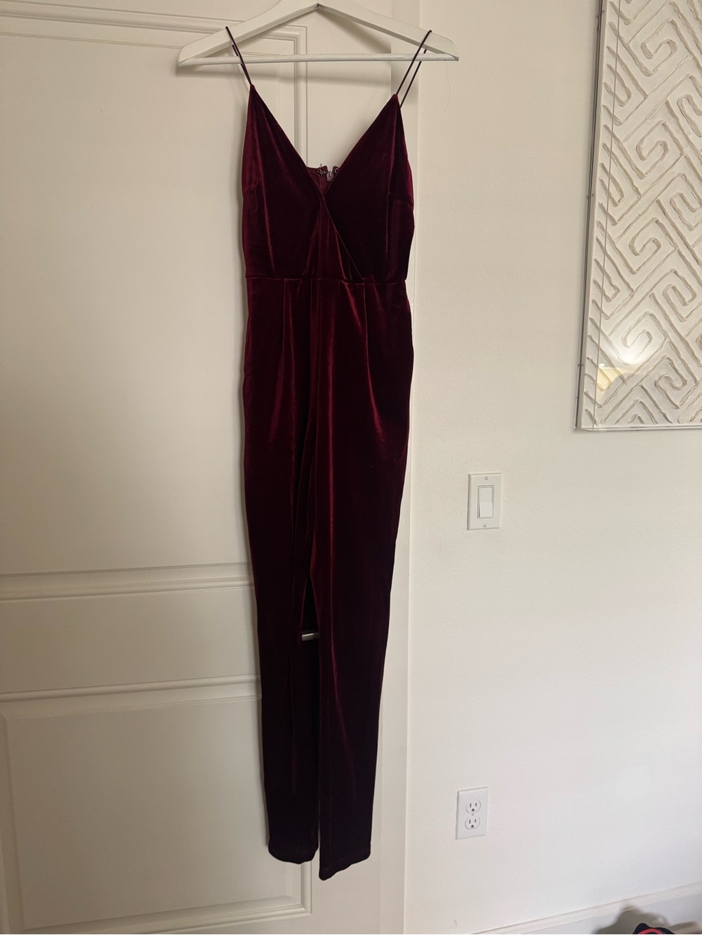 JLUXLABEL Burgundy Velvet Jumpsuit with Spaghetti Straps